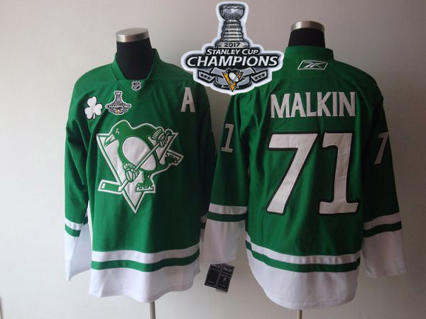 Penguins #71 Evgeni Malkin Green St Patty's Day Stanley Cup Finals Champions Stitched NHL Jersey - Click Image to Close
